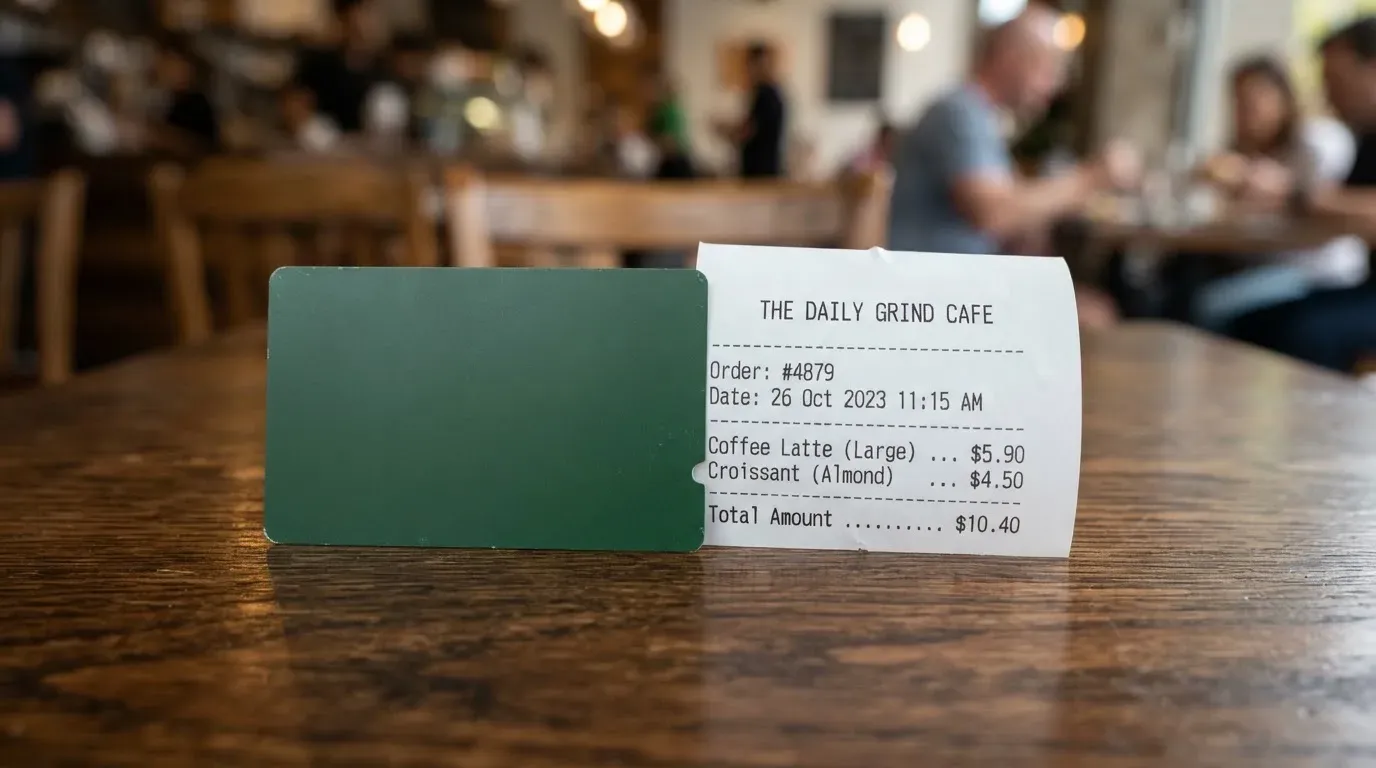 A receipt and a card on a café table