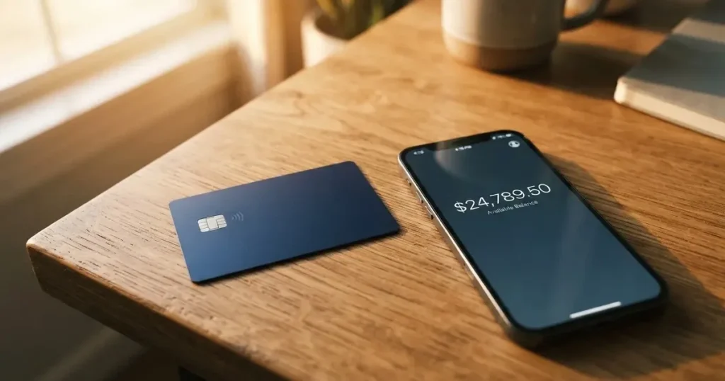 A payment card next to a phone with a crypto wallet app open