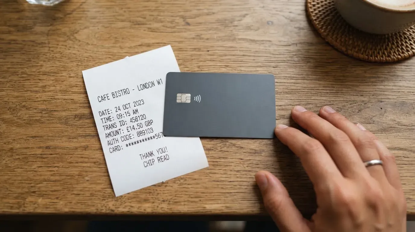 A receipt and a card on a café table