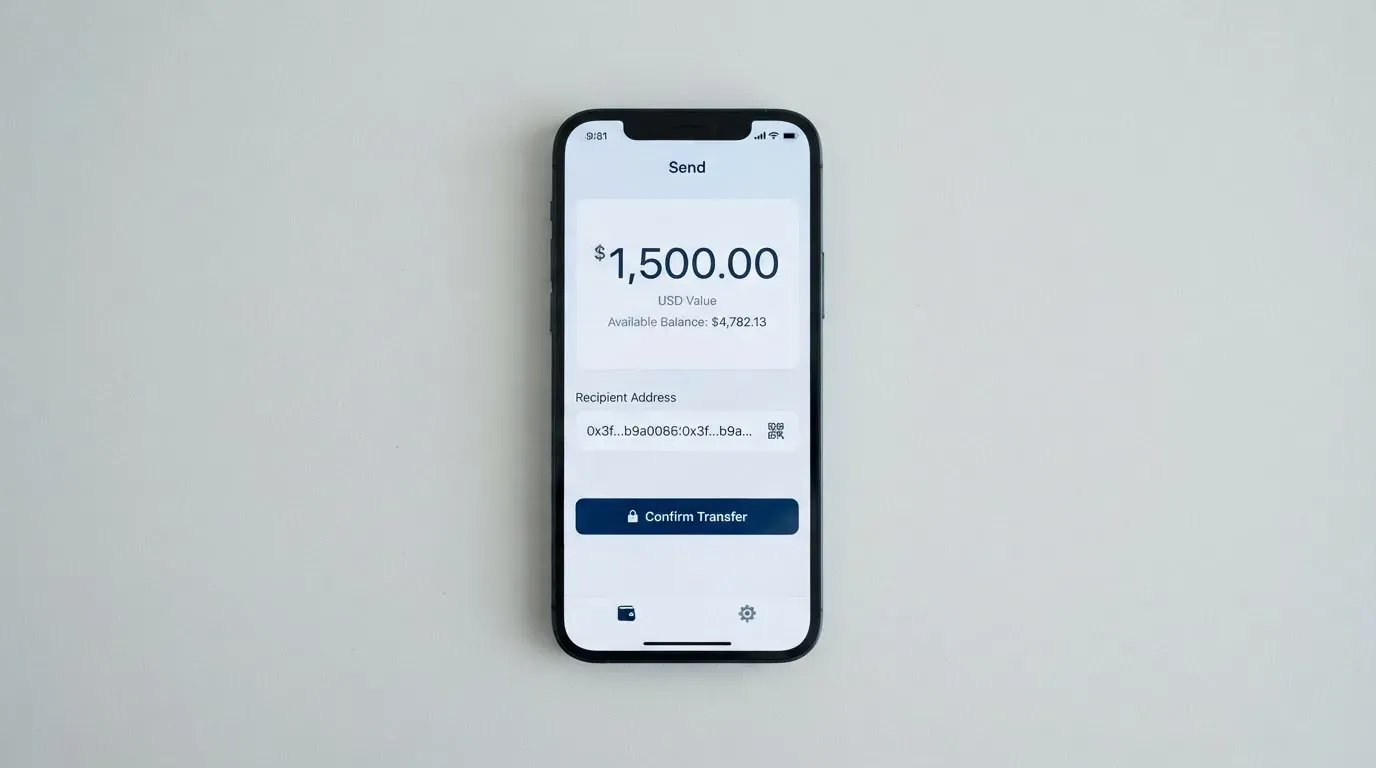 A phone showing a stablecoin transfer screen