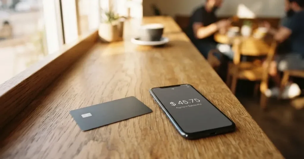 A payment card next to a phone with a crypto wallet app open