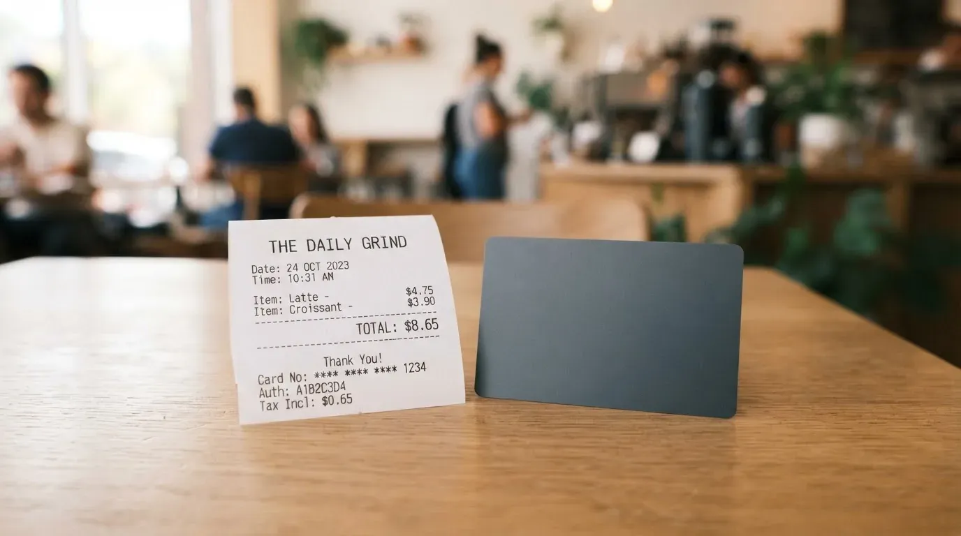 A receipt and a card on a café table