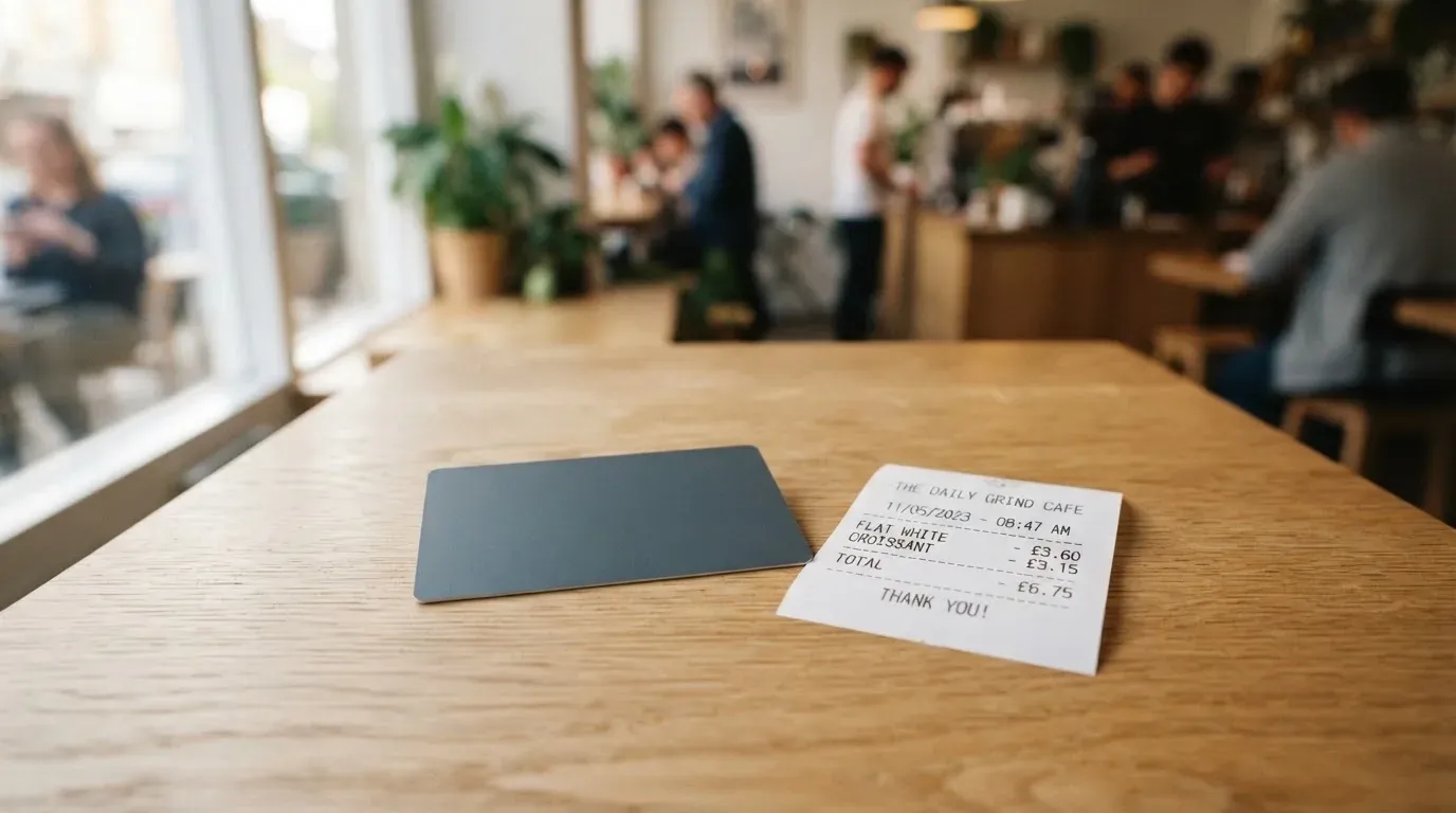 A receipt and a card on a café table