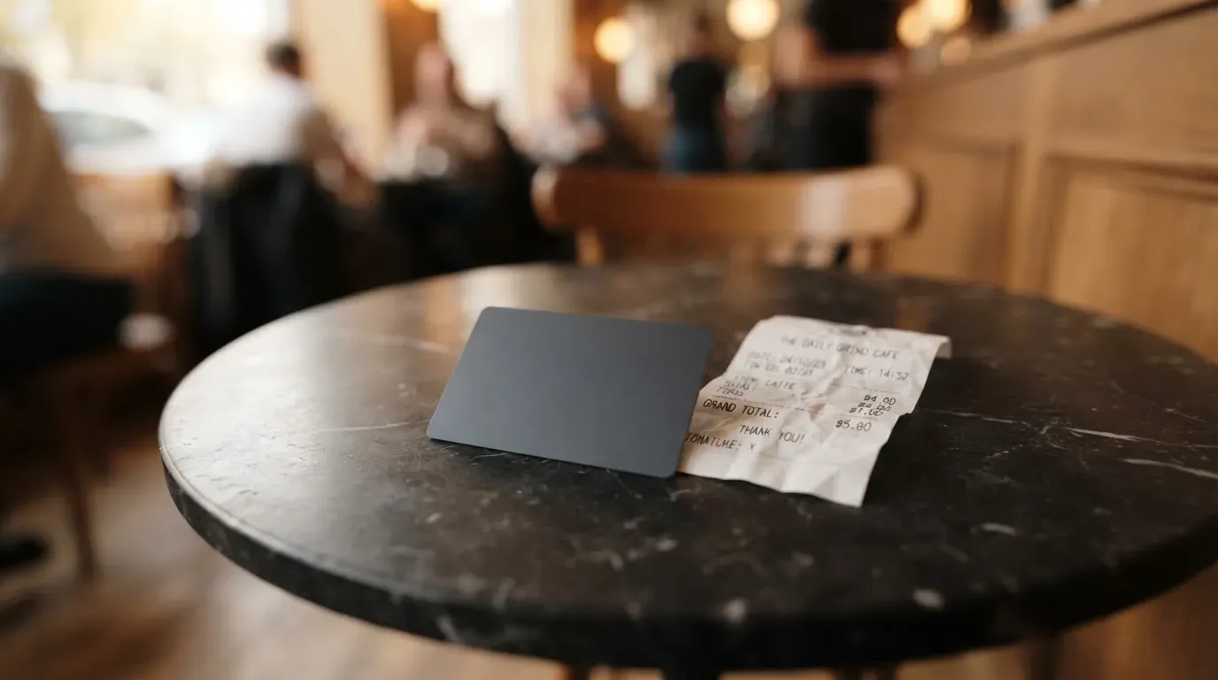 A receipt and a card on a café table