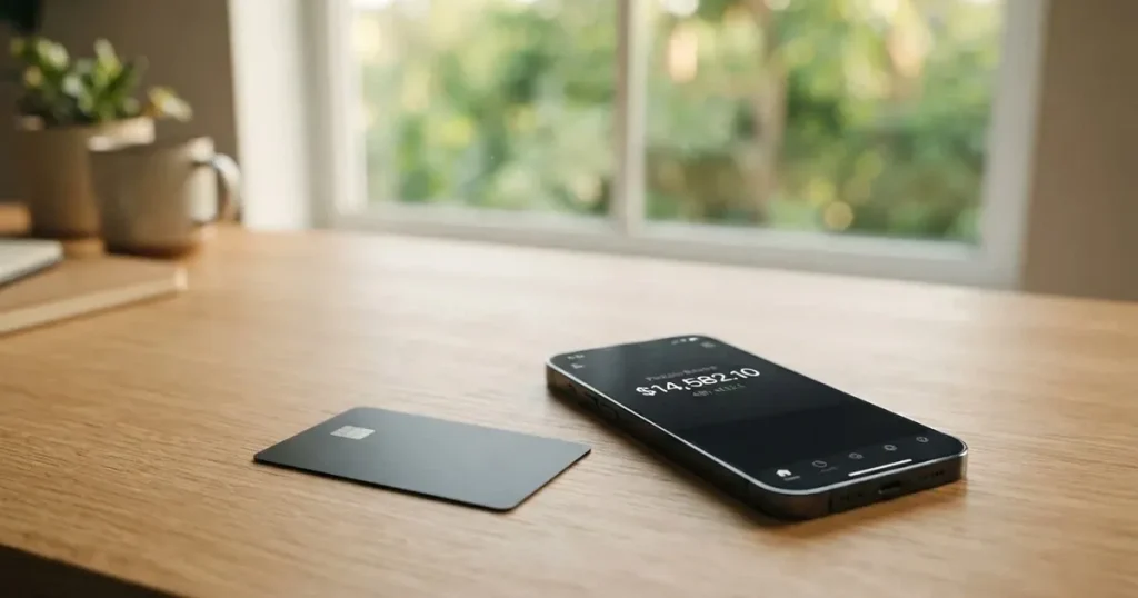 A payment card next to a phone with a crypto wallet app open