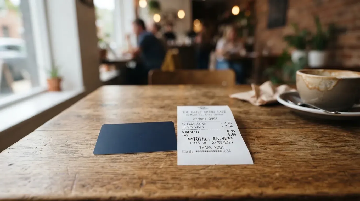 A receipt and a card on a café table