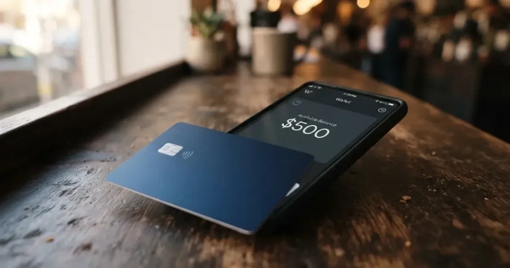 A payment card next to a phone with a crypto wallet app open