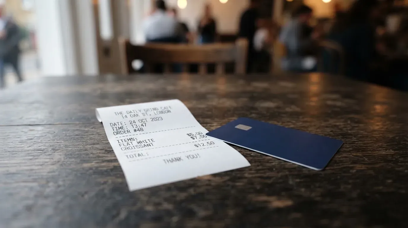 A receipt and a card on a café table