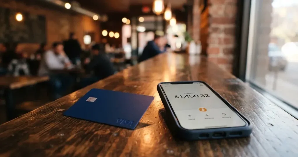 A payment card next to a phone with a crypto wallet app open