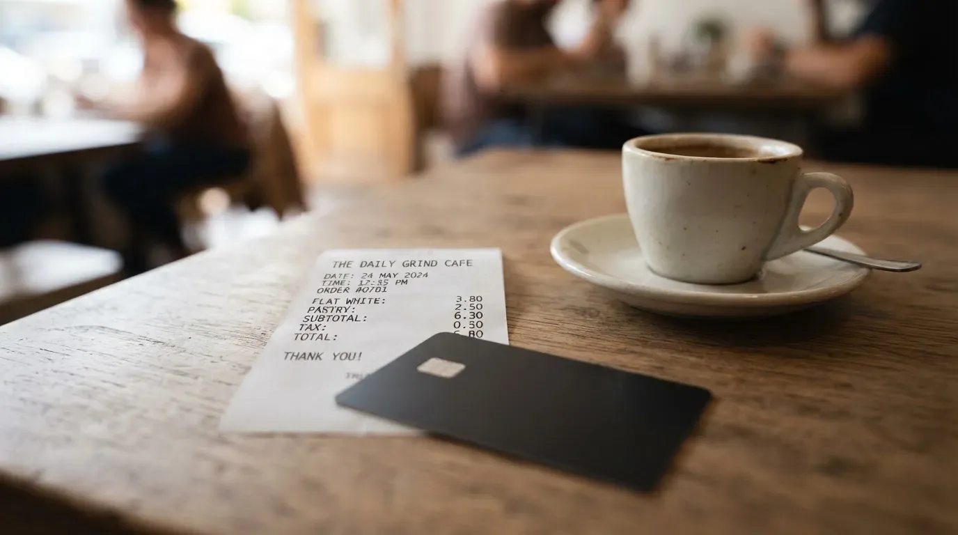 A receipt and a card on a café table