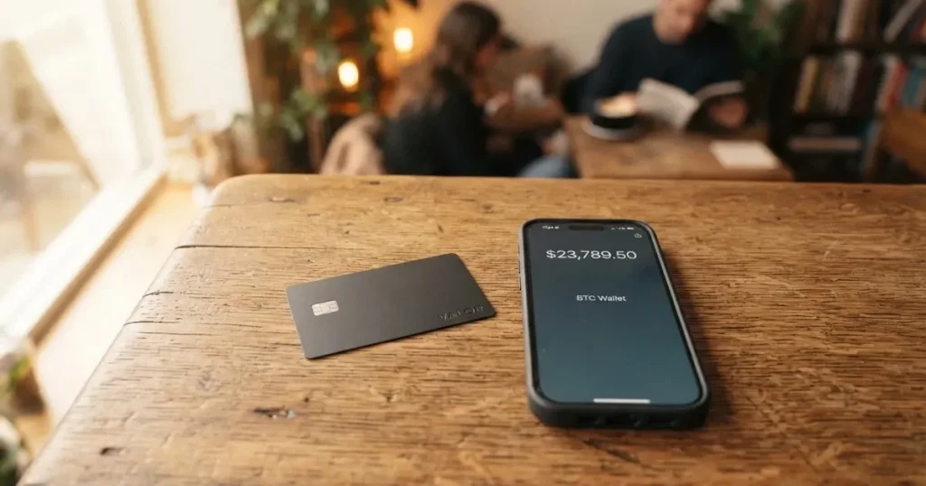 A payment card next to a phone with a crypto wallet app open
