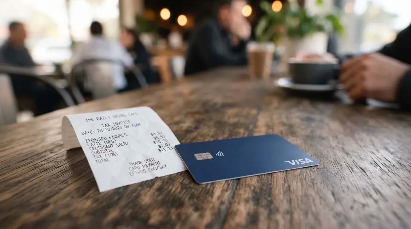 A receipt and a card on a café table