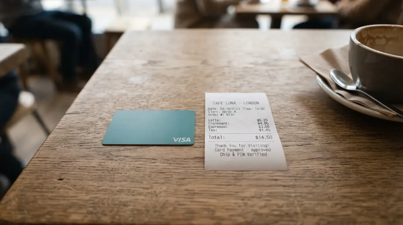 A receipt and a card on a café table