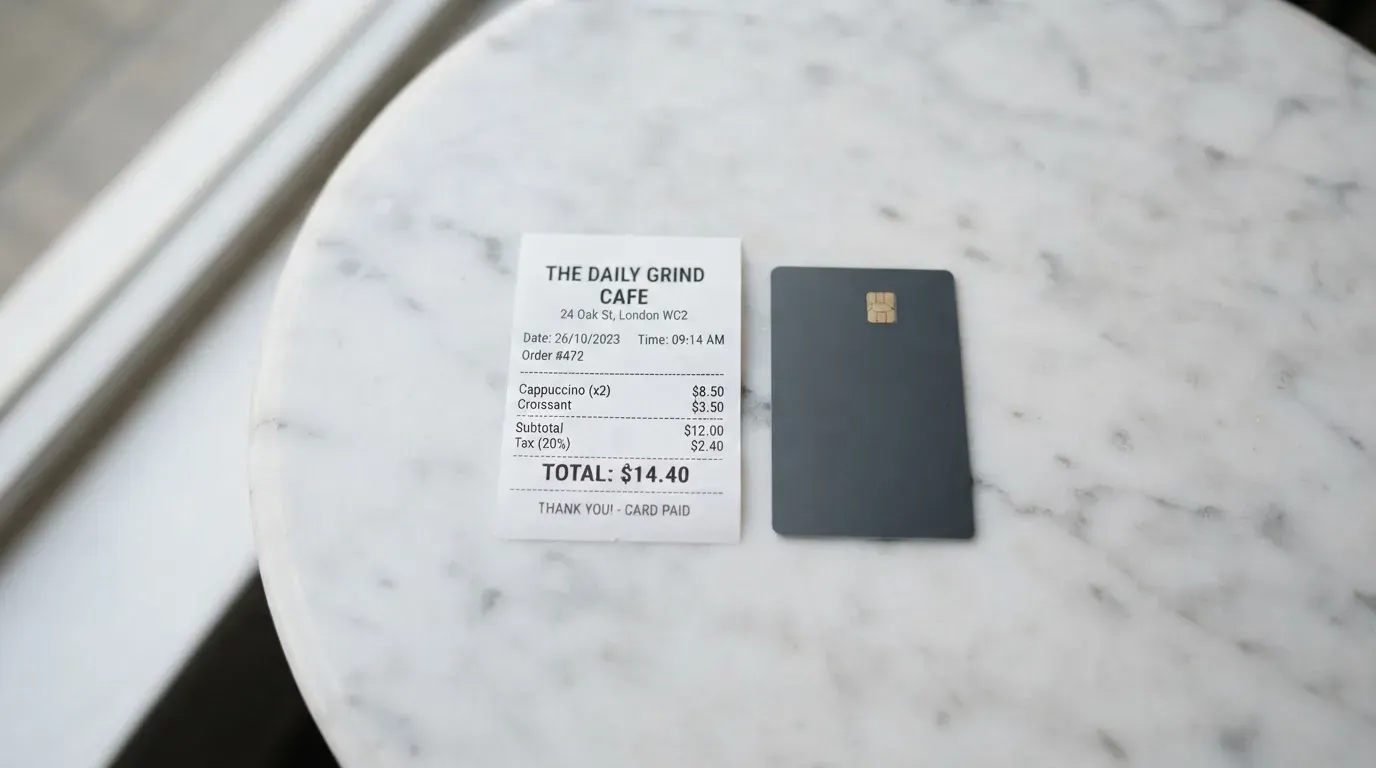 A receipt and a card on a café table