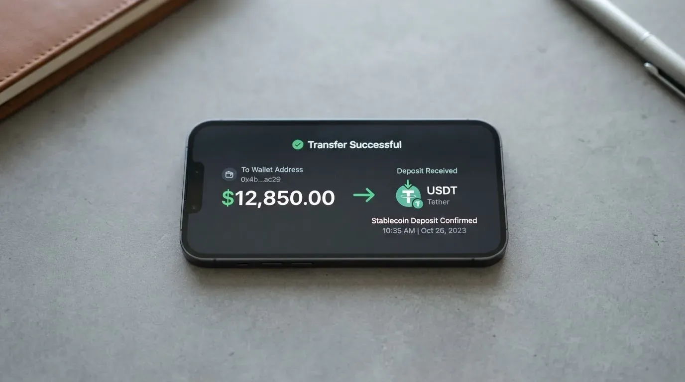A phone showing a stablecoin transfer screen