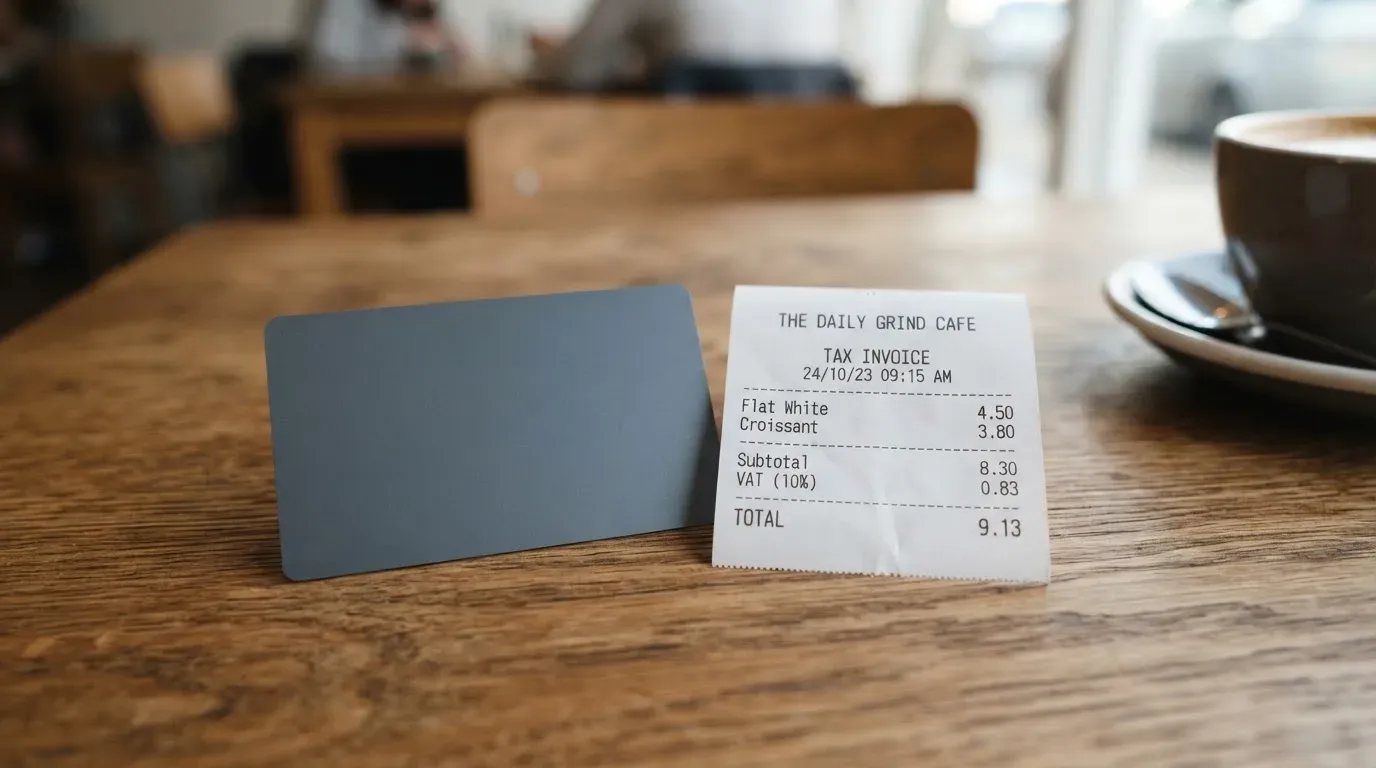 A receipt and a card on a café table