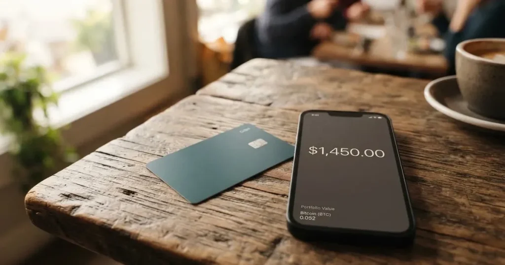 A payment card next to a phone with a crypto wallet app open