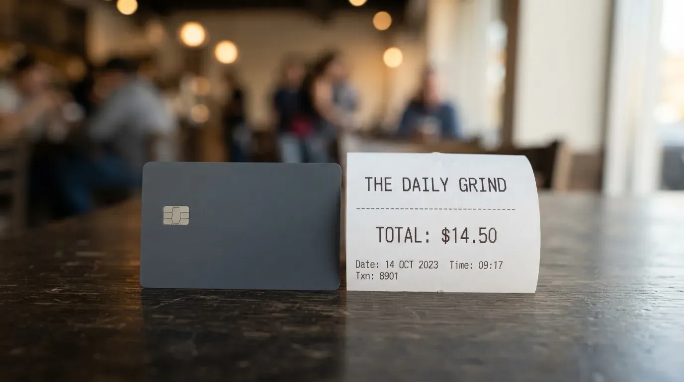 A receipt and a card on a café table
