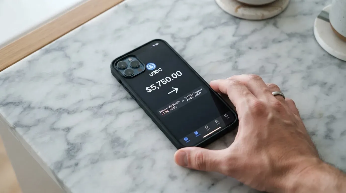 A phone showing a stablecoin transfer screen