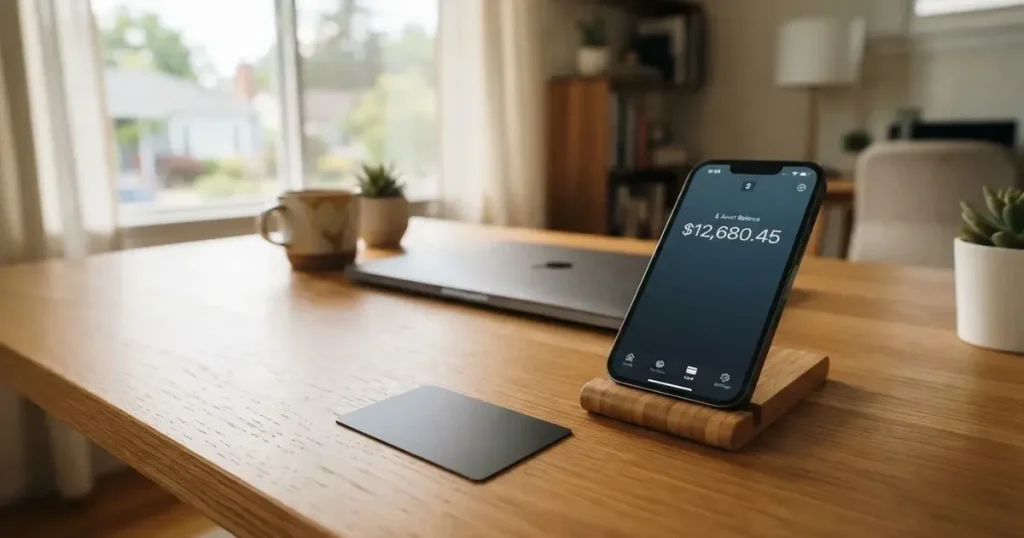 A payment card next to a phone with a crypto wallet app open