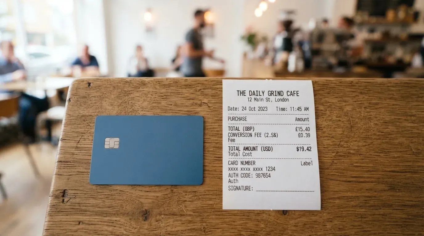 A receipt and a card on a café table