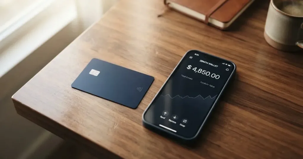 A payment card next to a phone with a crypto wallet app open