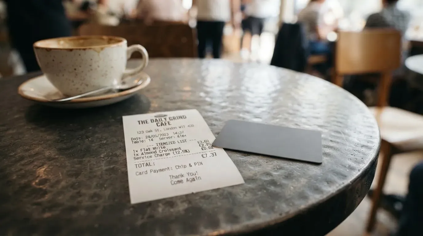A receipt and a card on a café table