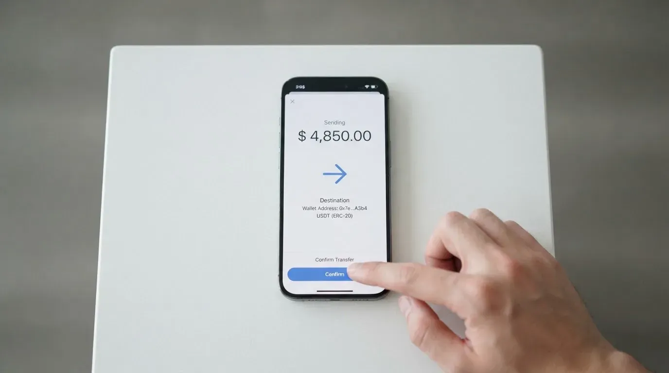 A phone showing a stablecoin transfer screen