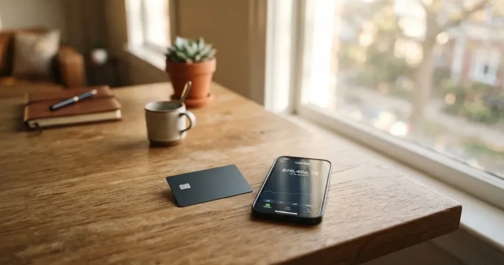 A payment card next to a phone with a crypto wallet app open