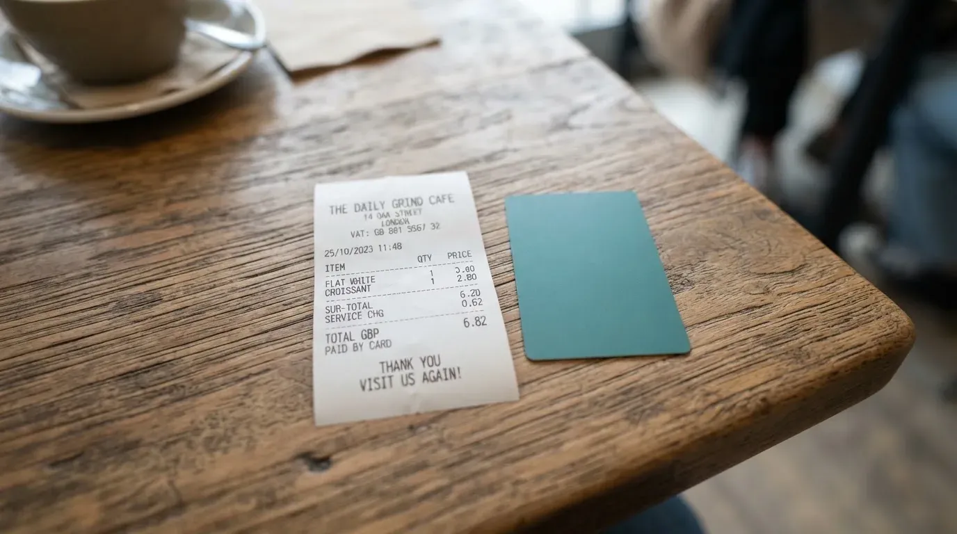 A receipt and a card on a café table