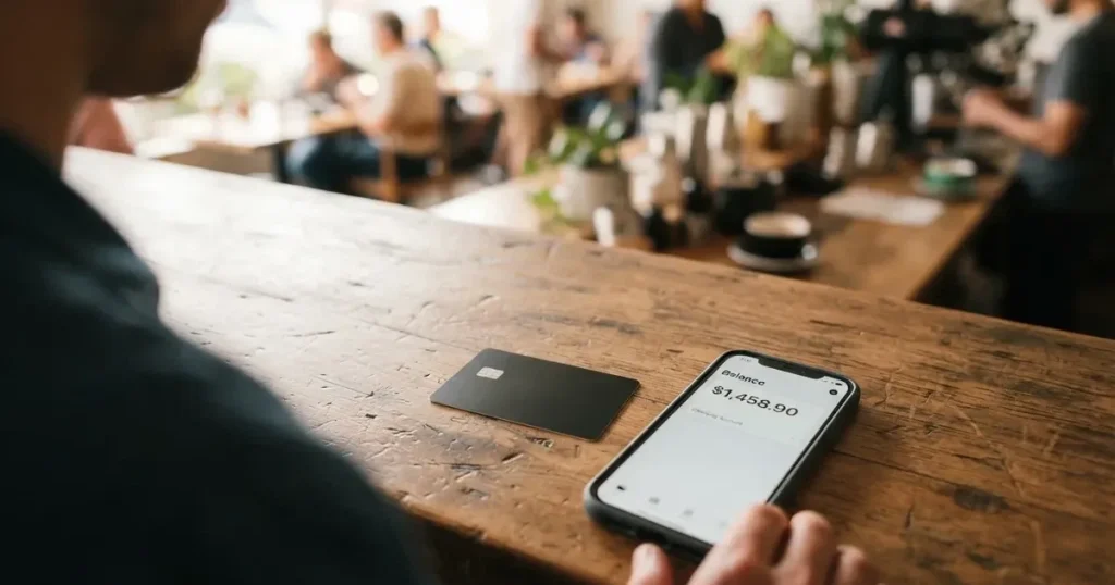 A payment card next to a phone with a crypto wallet app open