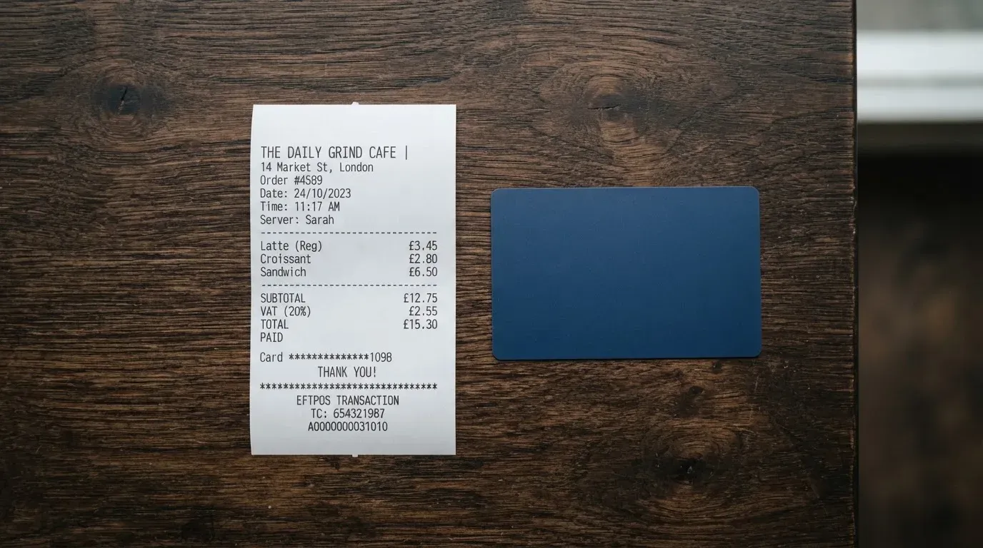 A receipt and a card on a café table
