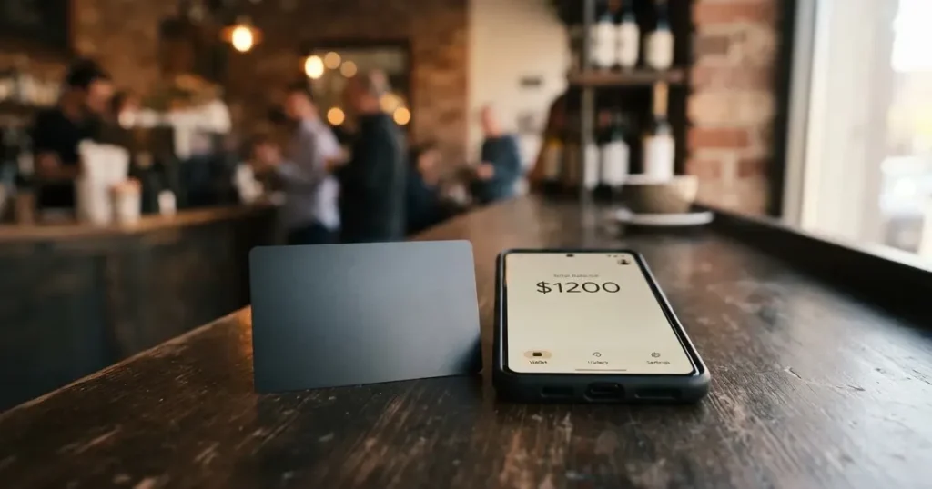 A payment card next to a phone with a crypto wallet app open