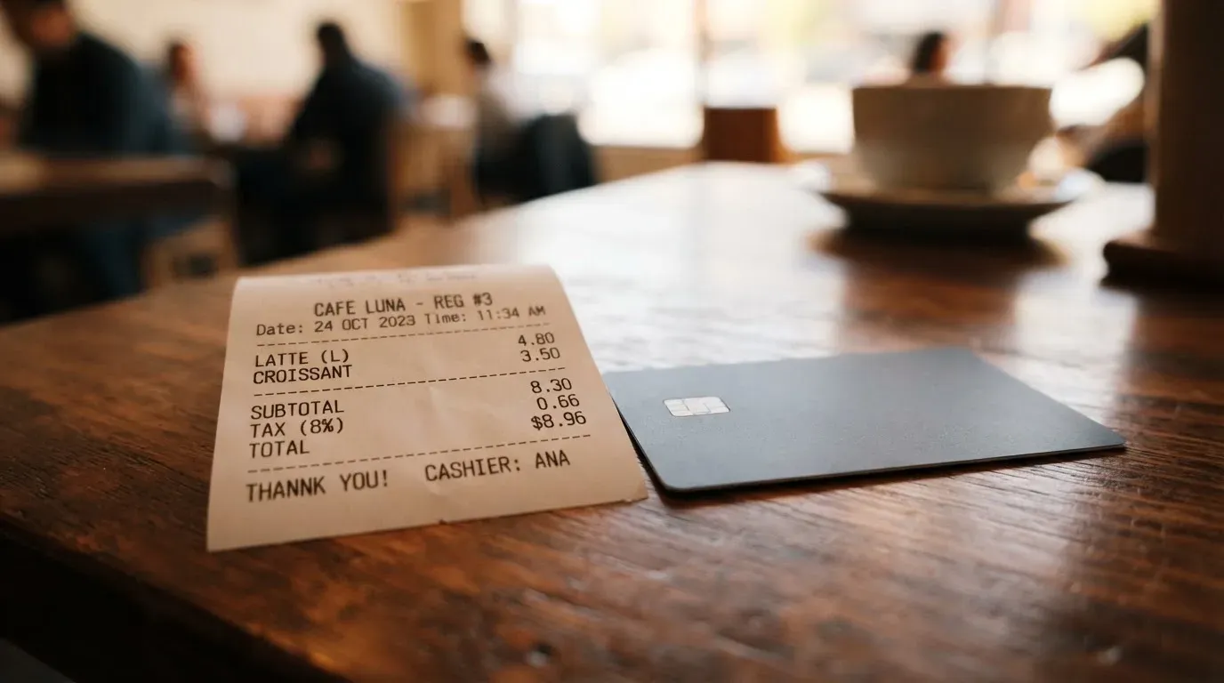A receipt and a card on a café table