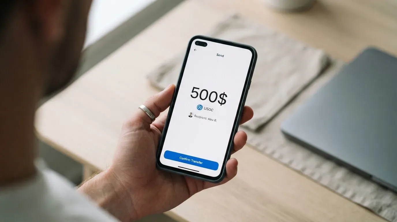 A phone showing a stablecoin transfer screen