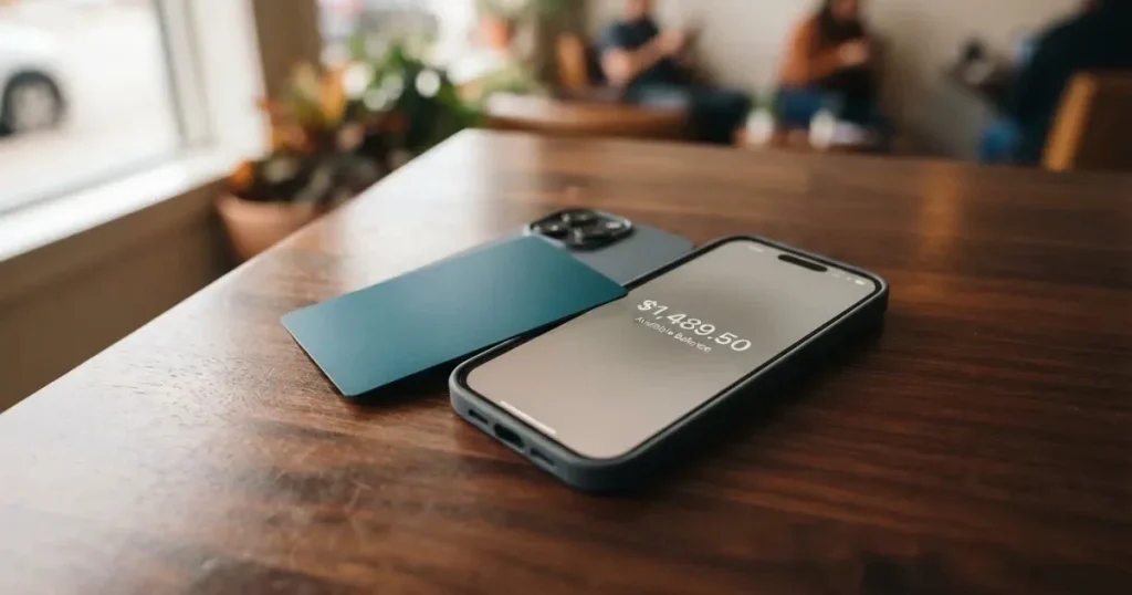 A payment card next to a phone with a crypto wallet app open