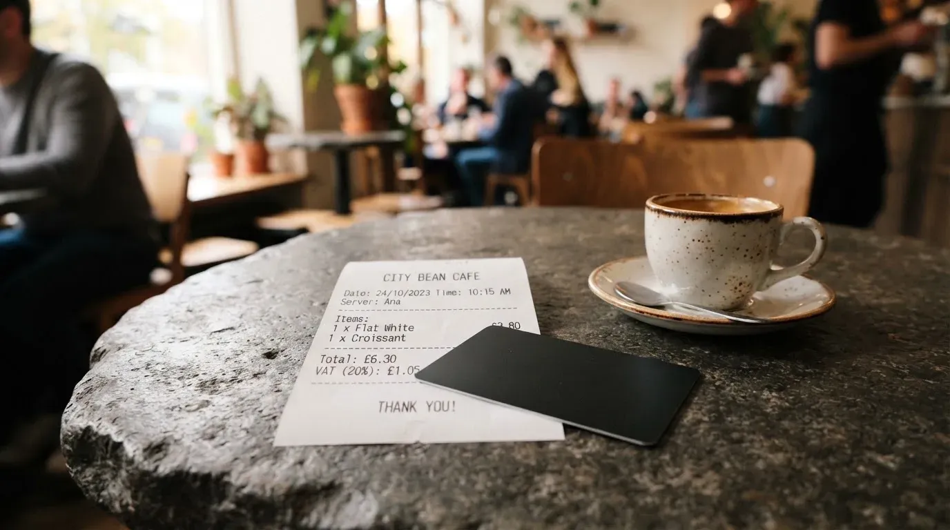 A receipt and a card on a café table