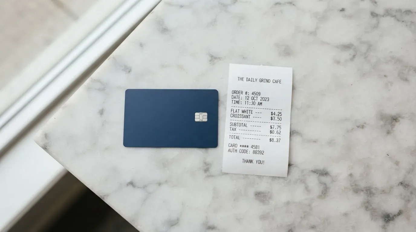 A receipt and a card on a café table