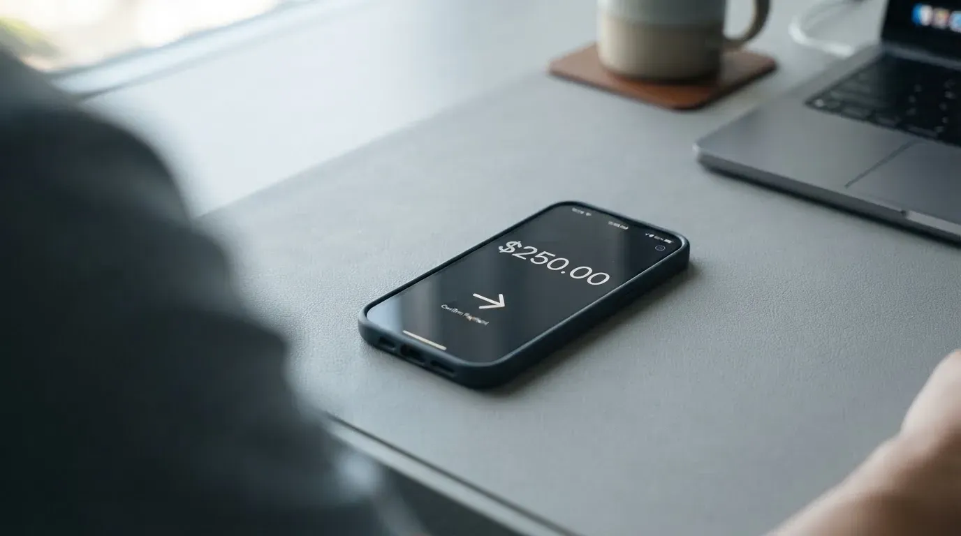 A phone showing a stablecoin transfer screen