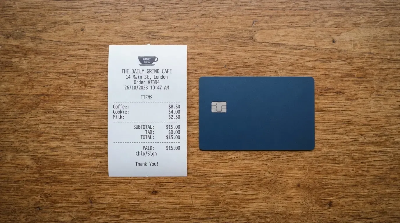 A receipt and a card on a café table