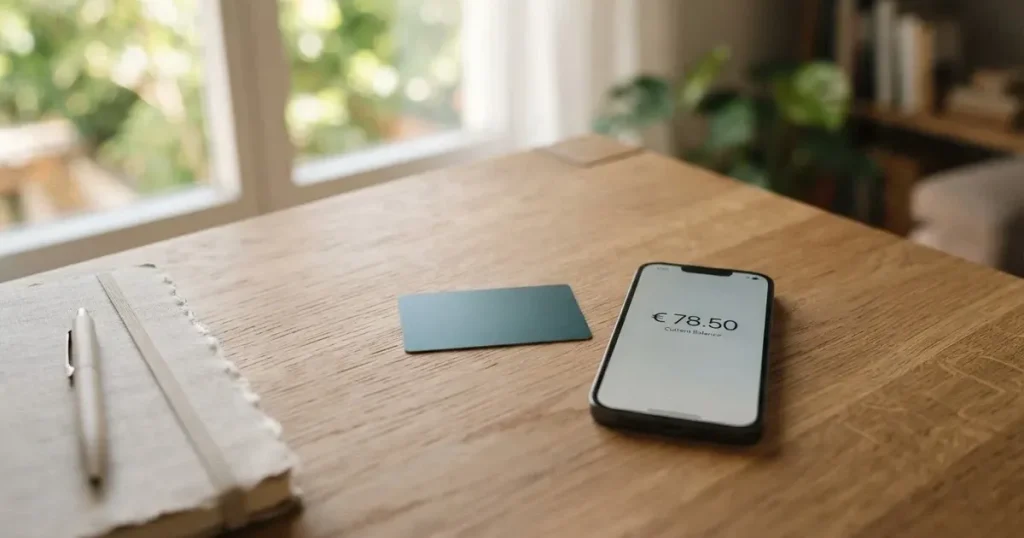 A payment card next to a phone with a crypto wallet app open