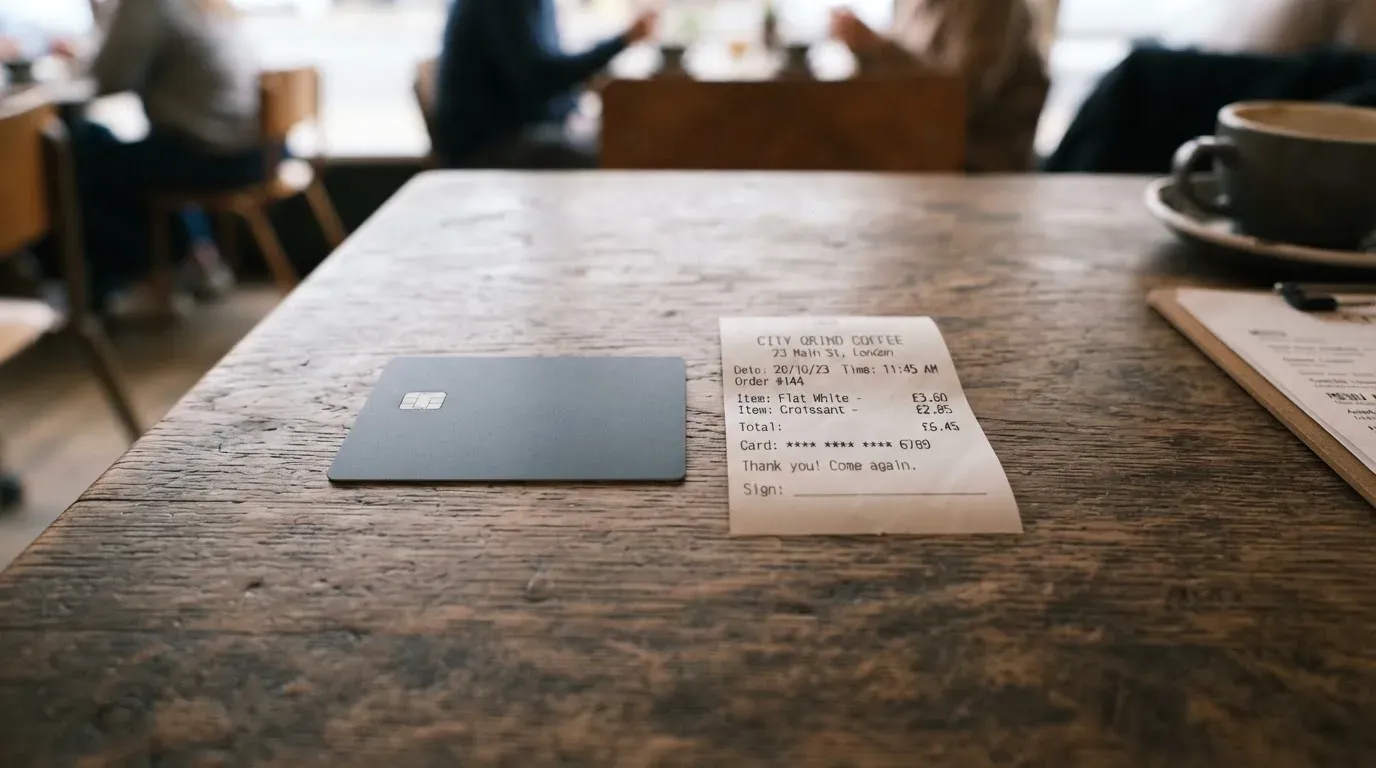 A receipt and a card on a café table