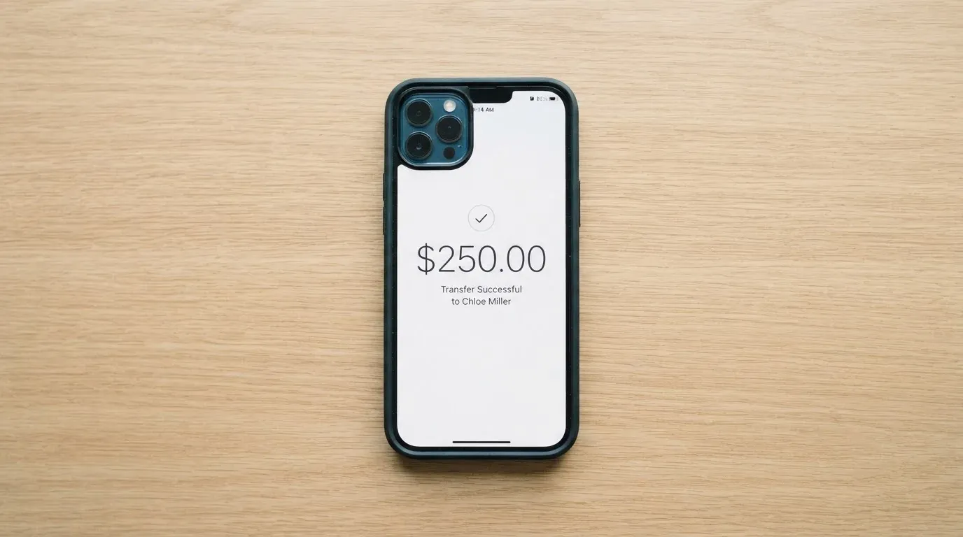 A phone showing a stablecoin transfer screen
