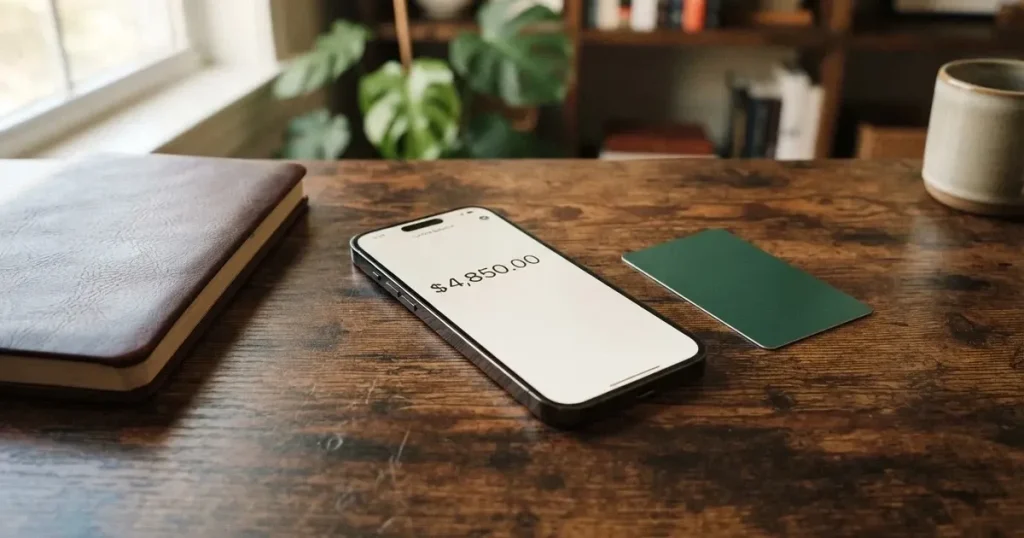 A payment card next to a phone with a crypto wallet app open