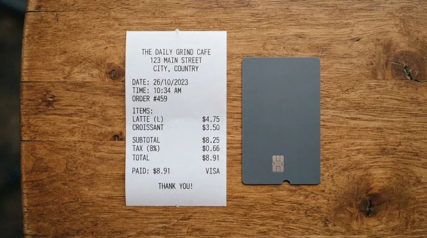 A receipt and a card on a café table