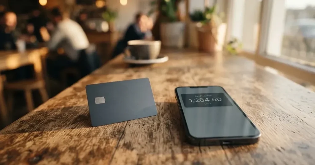A payment card next to a phone with a crypto wallet app open