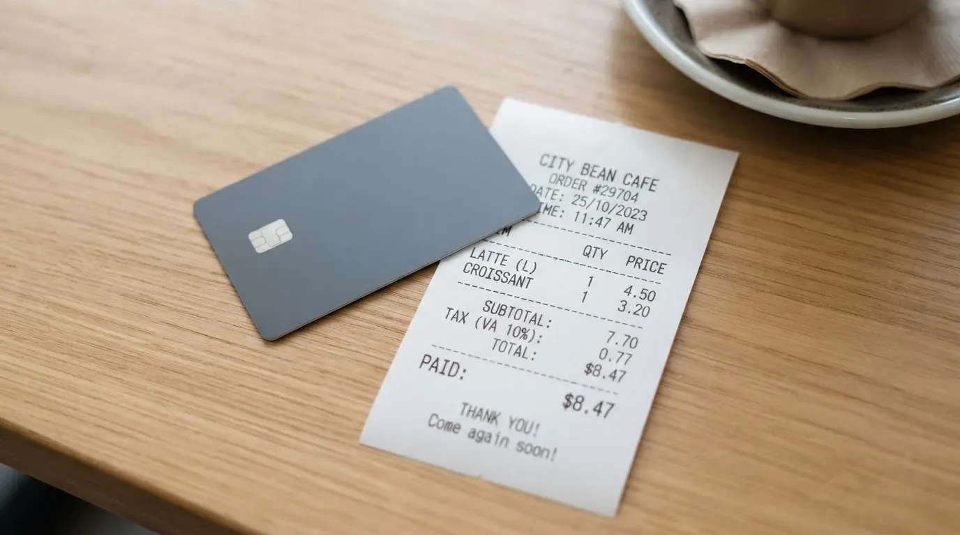 A receipt and a card on a café table