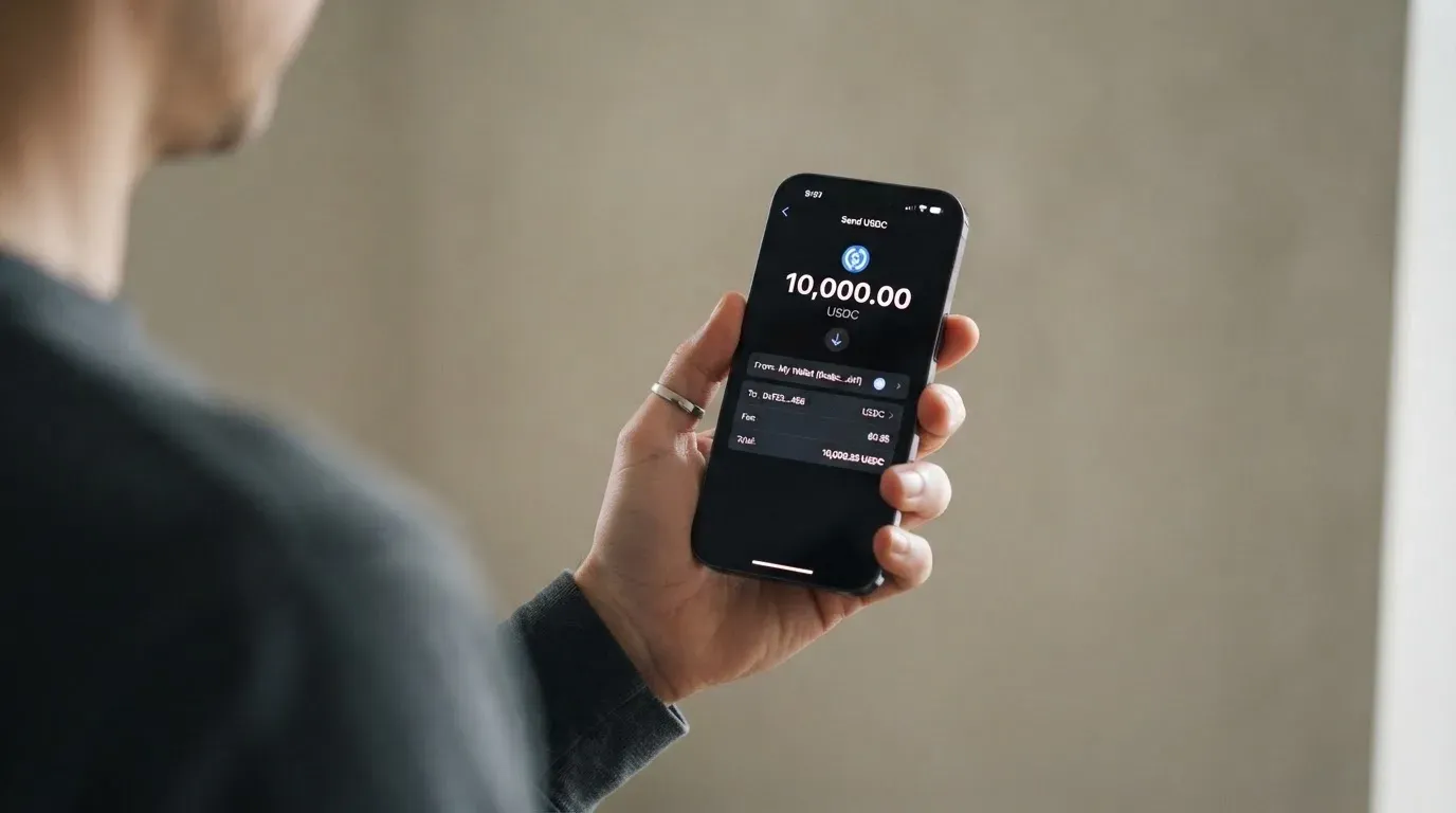 A phone showing a stablecoin transfer screen