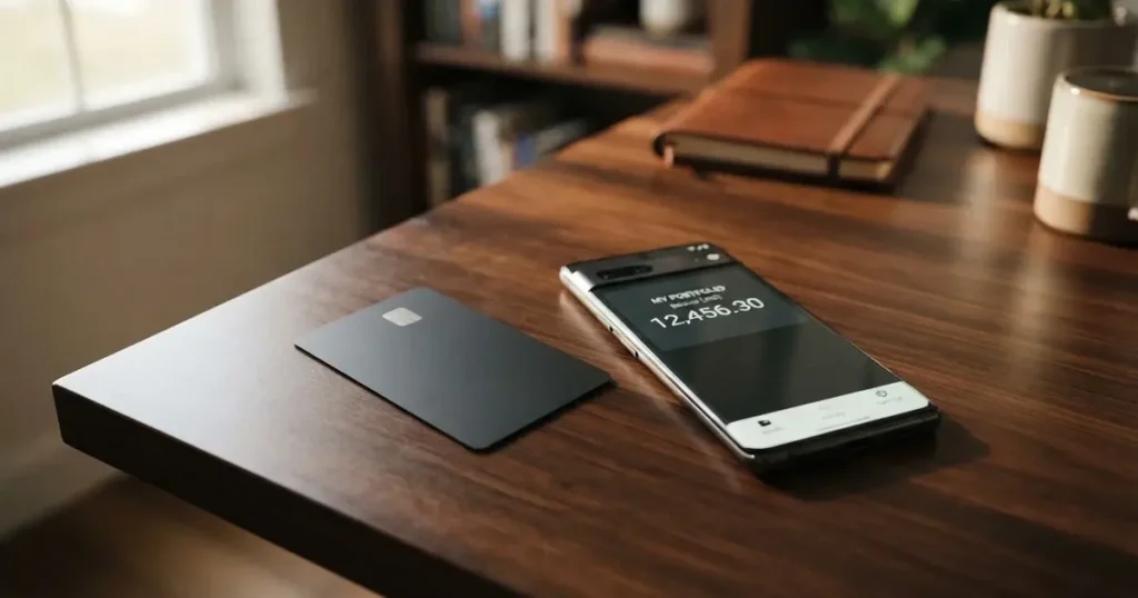 A payment card next to a phone with a crypto wallet app open