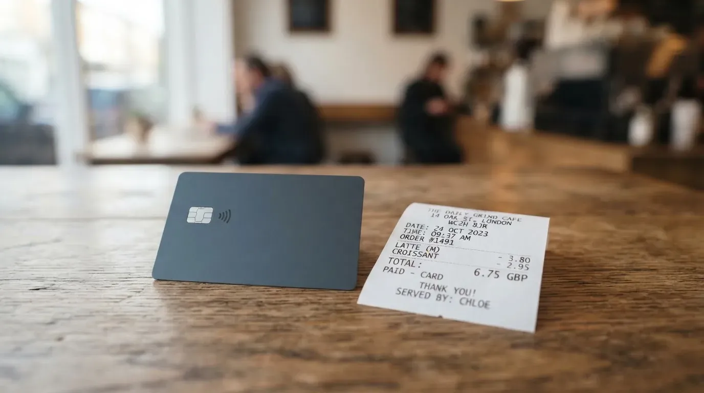 A receipt and a card on a café table